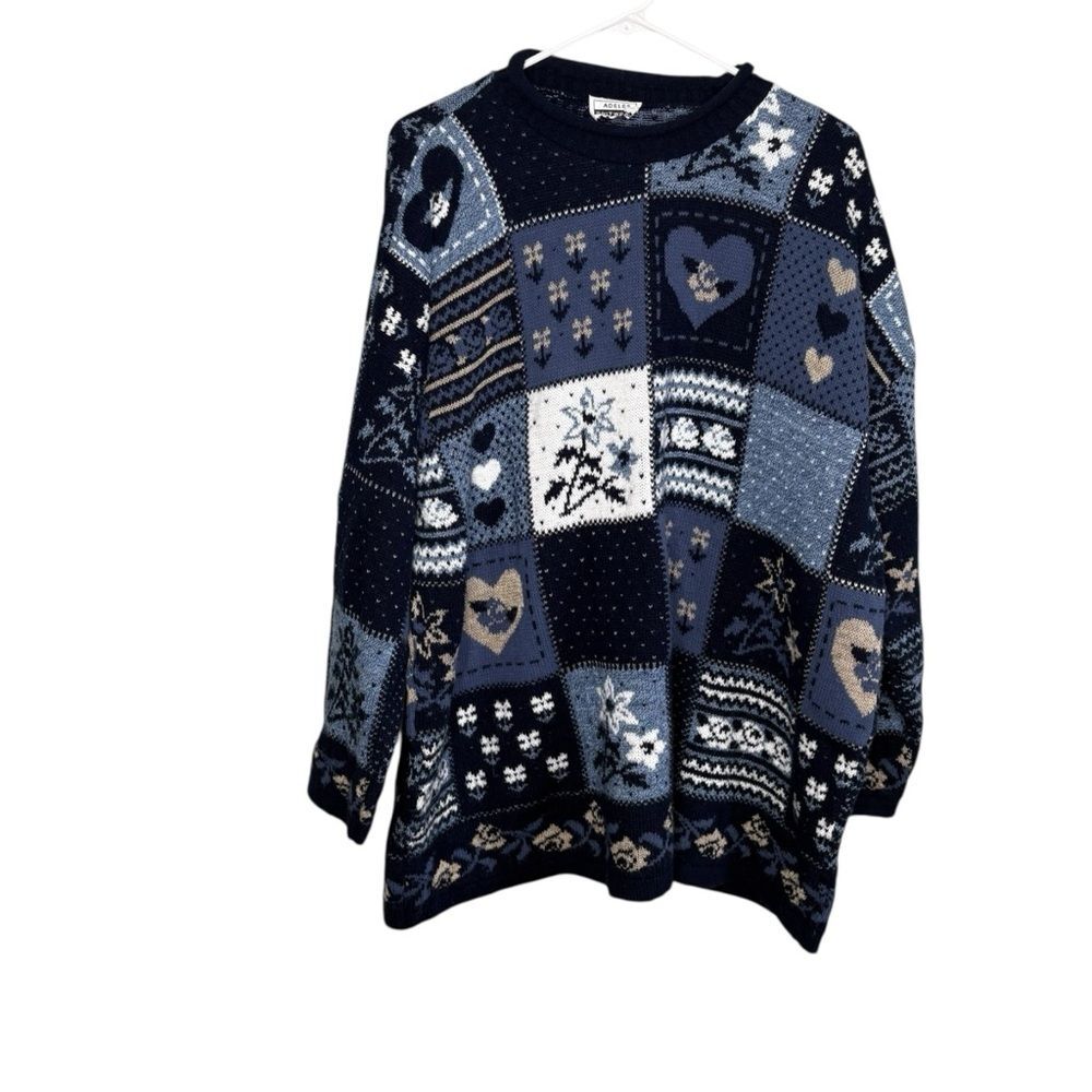 Vintage Adele Blue Quilt Patchwork Pattern Sweate… - image 1